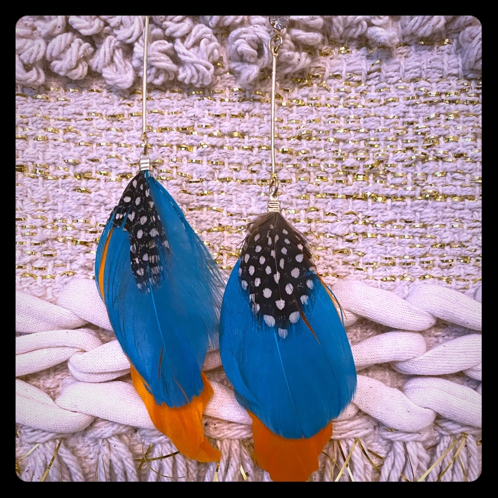 Blue and orange feather earrings spotted peacock